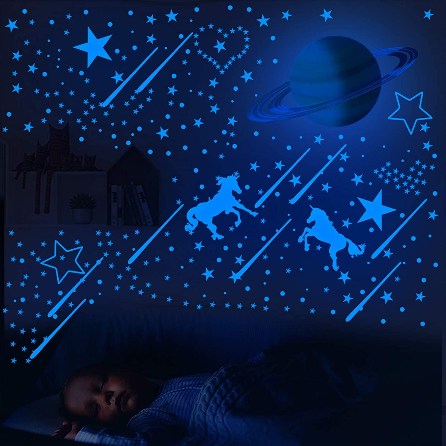 281Pcs Glow in The Dark Moon Stars Dots Wall Decals, Ceiling Luminous Wall Stickers, Flying Horses Fluorescent Blue Wall Decor