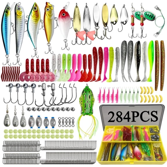 284-Piece Fishing Lures Kit with Tackle Box, Complete Fishing Gear Set Includes Crankbaits, Soft Worms, Spinnerbaits, Hooks, Jigs for Freshwater & Saltwater Bass, Trout, Salmon