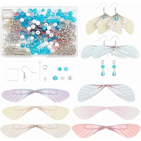 284pcs Earring Making Kit Dragonfly Wings Charms DIY Earring Supplies with Blue White Beads Square Brass Linking Rings Ocean Theme Bead Charms for DIY Women DIY Dangle Earrings Making Crafts