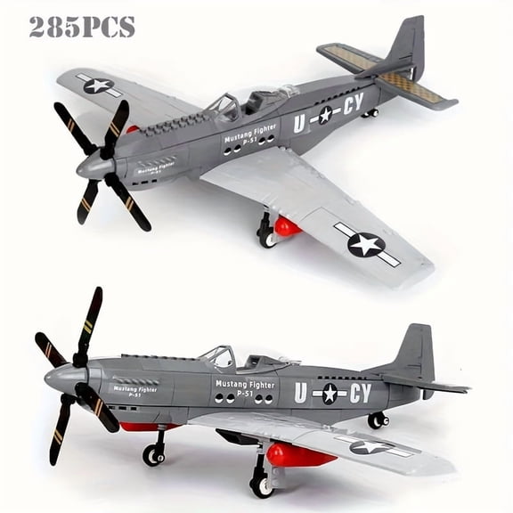 285 Pcs P-51 Mustang Fighter Jet Building Block Set - WW2 Military Aircraft Model Airplane Kit with Movable Propeller & Landing Gear, Ideal for Military Enthusiasts & Collectors
