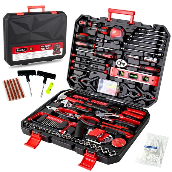 285PCS Tool Set for Home, Auto, Motorcycle Repair – Portable Mechanics Tool Kit with Plastic Storage Case, Sockets, Wrenches, Pliers, Hammer, Screwdrivers, Tire Repair Kit