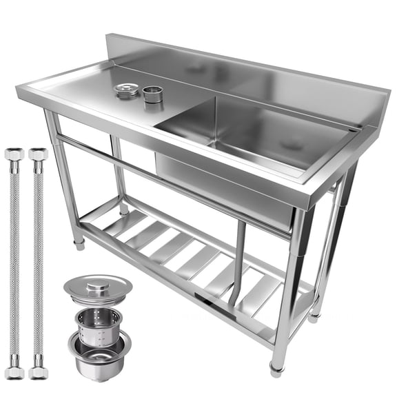 Commercial Freestanding Stainless Steel Utility Sink with 360 Faucet & Workbench, Single Bowl Sink with 198Lbs Workstation & 88Lbs Shelf for Restaurant, Food Truck, Catering