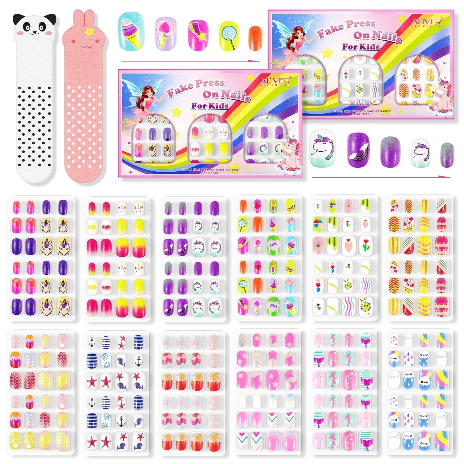 Aliver 288 Pieces Fake Press on Nails for Kids,Cute Nail Art Decoration for Girls,Aged 3-12 Children's Gift,Style C+D