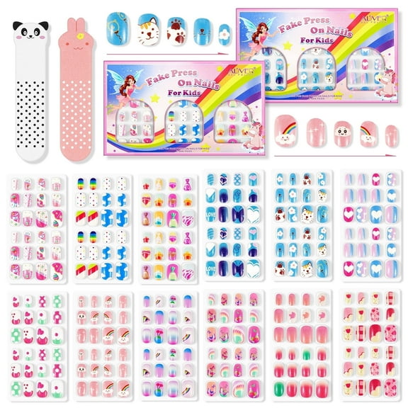 Aliver 288 Pieces Fake Press on Nails for Kids,Girls' Cute Nail Art Decoration,Gifts for Aged 3-12 Children,Style A+B
