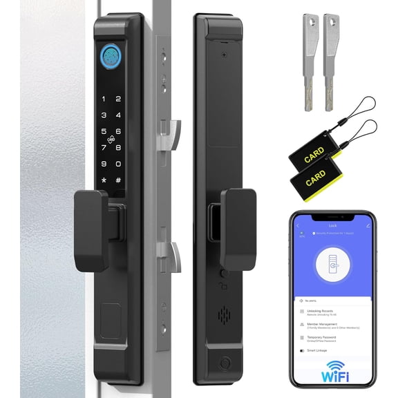 2885 Slot Sliding Glass Door Lock, Smart Fingerprint Password Keypad Remote Electronic Digital Biometric Security Balcony Door Double Hook Slot Lock Set with Handle