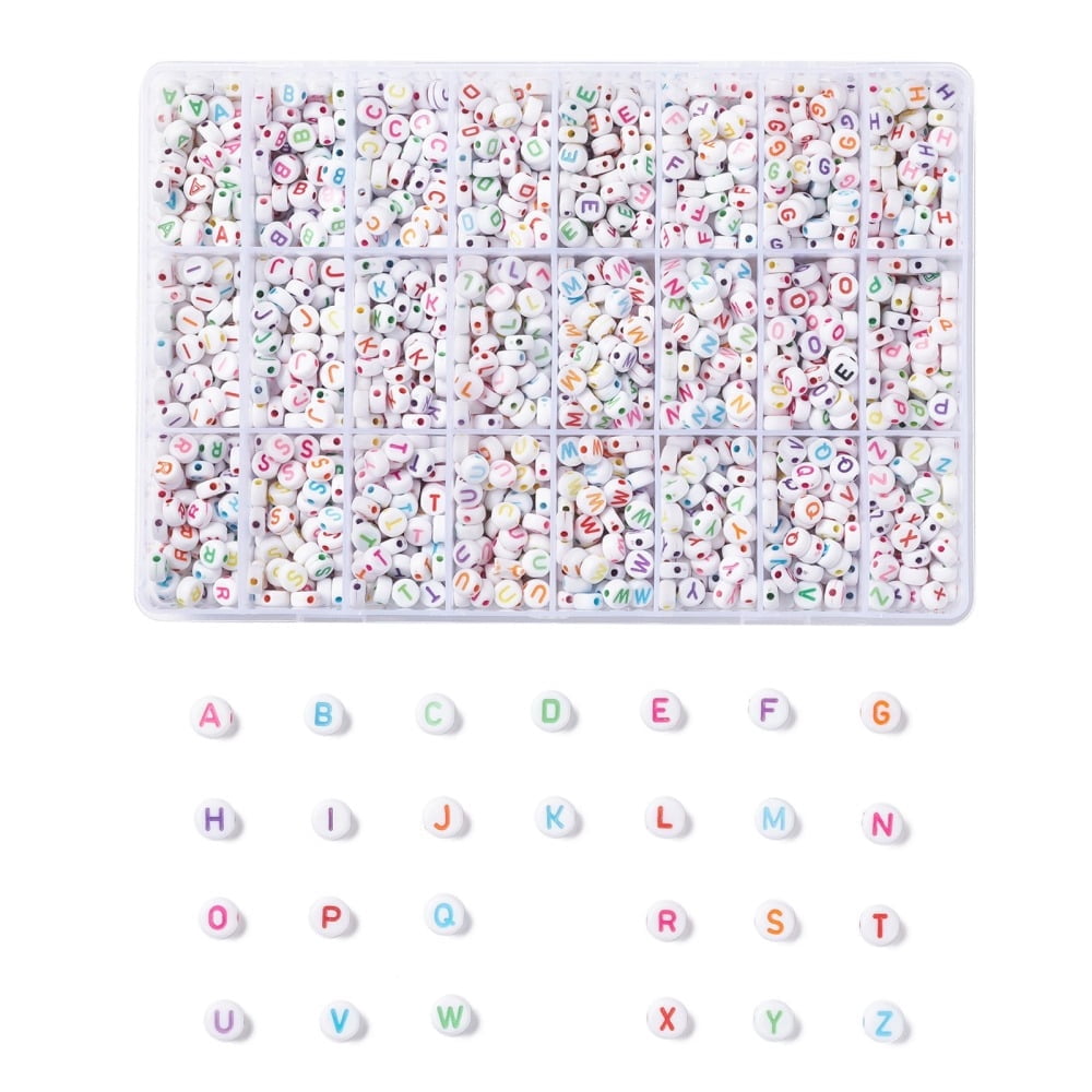288G 26 Style White Acrylic Beads Flat Round with Mixed Color Letter ...