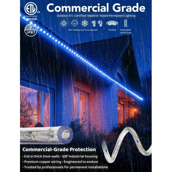 288LEDs, 25ft LED Outside Rope Lights, Waterproof Permanent Outdoor ETL Certified Connectable Clear Tube, Christmas Palm Tree Holiday Decorative Landscape Patio Accent Lighting - Blue