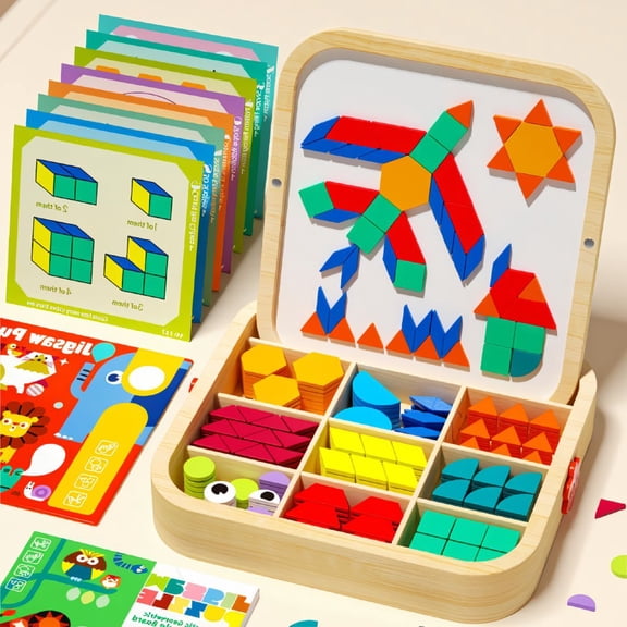 288PCS Wooden Magnetic Pattern Blocks Set with 142-Page Idea Cards, Puzzle for 4-8, Multicolor
