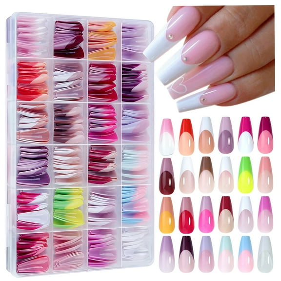 288Pcs Long Coffin Press on Nails Colorful French Tips Stick on Nails with Designs False Nails Chrome Summer Glue on Nails Glossy Skin Tones Fake Nails Kit for Women Girls Manicure