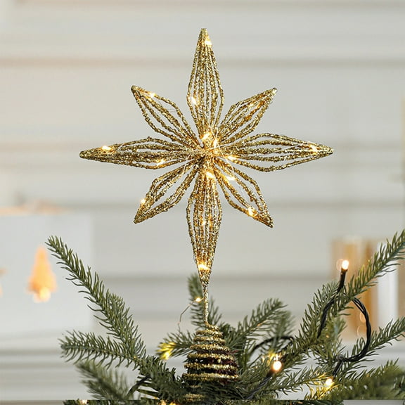 28CM Five Pointed Star Tree Top Star,Metal Christmas Treetop Hallow Wire Star Topper,Glittered Star Christmas Tree Topper,Star Christmas Tree Top Decoration Lighting Holiday Decoration For Christmas