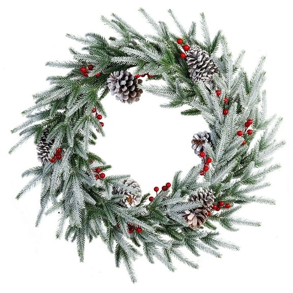 28in Snow Flocked Christmas Wreath, Pre-Lit Artificial Frosty Christmas wreath with Crestwood Spruce, Decorated with Pine Cones, Berry Clusters, Frosted Branches