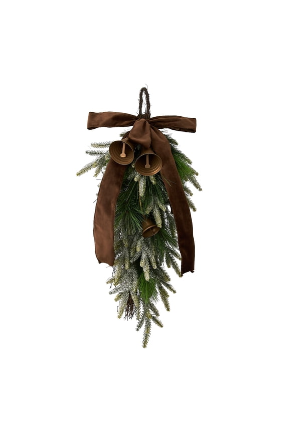 Bells, Bow, and Greenery Decorative Christmas Door Swag, Green and Brown, 28", by Holiday Time
