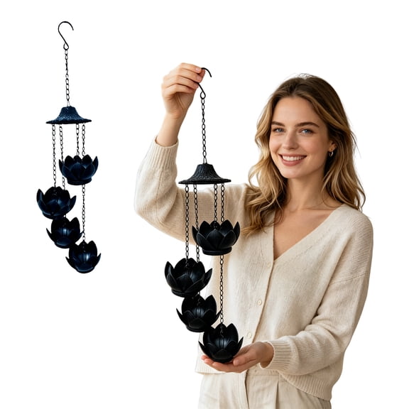 28In Black Rain Chain Wind Chimes for Gutters Downspouts Outside,Black Plated Lotus Rain Chain Cups Wind Chime,Functional and Decorative Replacement for Gutter Downspouts Wall Window