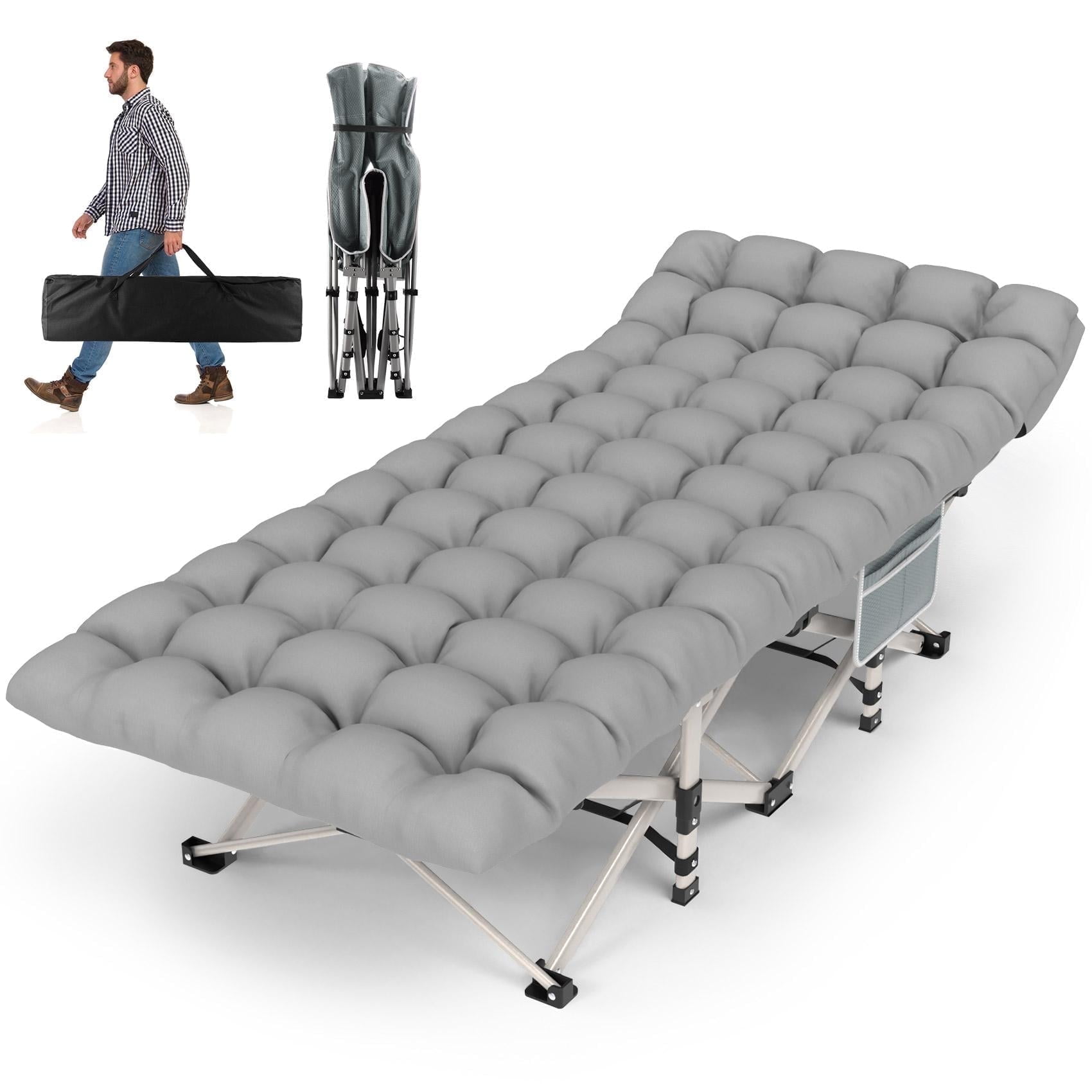 ZENPETIO 28" XL Outdoor Folding Camping Cot for Adults Max Load 500lbs Porable Sleeping Bed w/ Mattress and Carry Bag for Camping Office Nap Travel Gray Cot Gray Pad