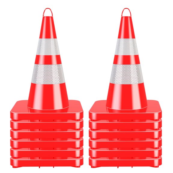 28In Heavy Duty PVC Traffic Cones, 12 Pack, Impact Resistant & Self-Recovery Structure, Weatherproof Stackable Safety Cones for Street Maintenance, Garage and Public Area Warning
