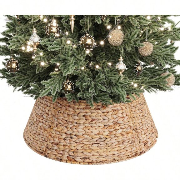 28Inch Woven Rattan Christmas Tree Collar Stylish Hyacinth 5Piece Tree Skirt for Artificial Trees Wicker Tree Base Cover with Cord CutOut for Home Decor Living Room Display Natural