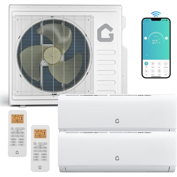 28K BTU Dual Zone Mini Split AC/Heating System, 20 SEER2 Ductless 2 Zone Wall Mounted Mini Split Air Conditioner, 9000 + 12000 BTU No Copper Tube Line Set Included-208-230V