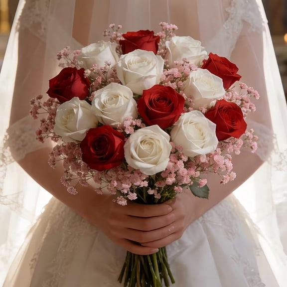 28PCS Artificial Flower Bouquet - Elegant Mixed White and Red Roses with Baby's Breath for Home and Wedding Decor
