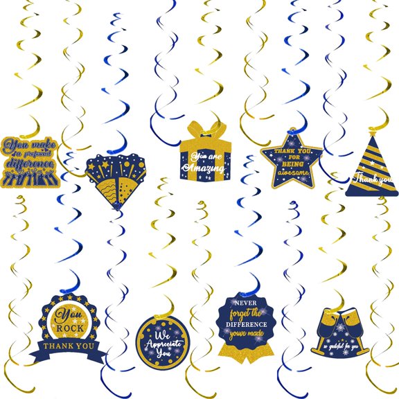 28PCS Blue Gold Glitter Hanging Swirls Birthday Party Decor Ceiling Decor