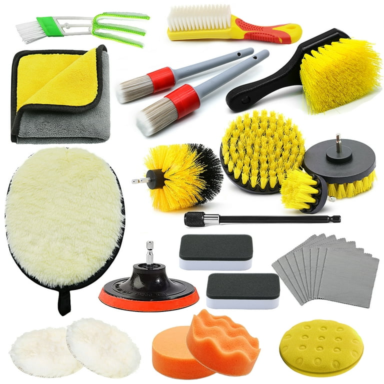 28PCS Drill Brush Attachments, Car Detailing Brush Kit for Auto Exterior  and Interior Includes Ieather Cleaning Kit 