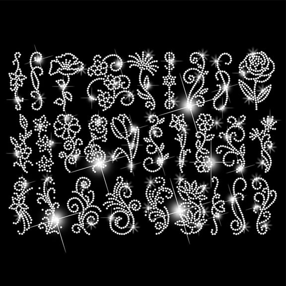 28PCS Flowers and Patterns Heat Transfer Rhinestones Bling Swirl Vines Iron On Transfers Decals DIY Hotfix Transfer StickersDIY