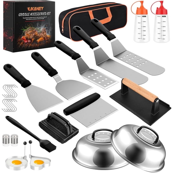 28PCS Griddle Accessories Kit, Flat Top Grill Accessories Set for Blackstone and Camp Chef, Barbecue Accessories Set with 2pcs Basting Cover, Enlarged Spatulas, Griddle Press