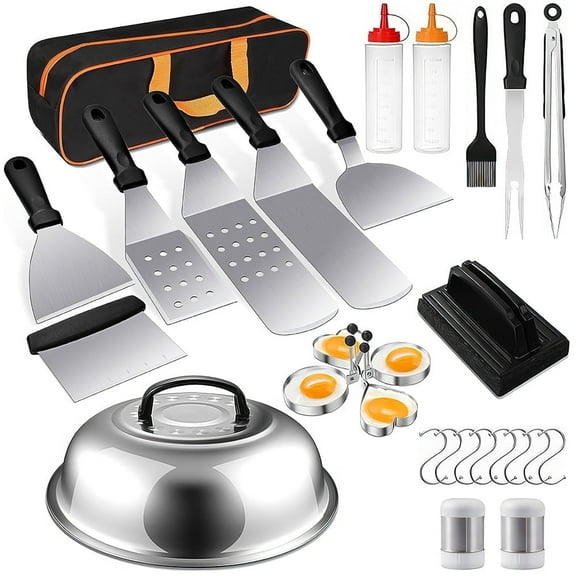 28PCS Griddle Accessories Kit, Flat Top Grill Accessories Set for Blackstone and Camp Chef, Grill Spatula Set with Enlarged Spatulas, Carry Bag,Basting Cover, Scraper for Outdoor BBQ