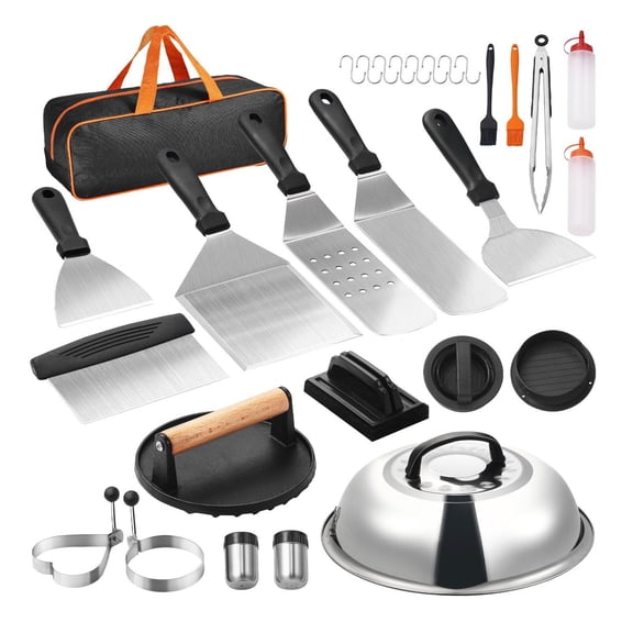 28PCS Griddle Accessories Kit with Flat Top Grill Spatula Set, Stainless Steel BBQ Tools for Outdoor Cooking, Includes Meat Press, Egg Rings, Cutter, Bottles, Hooks, and Storage Bag
