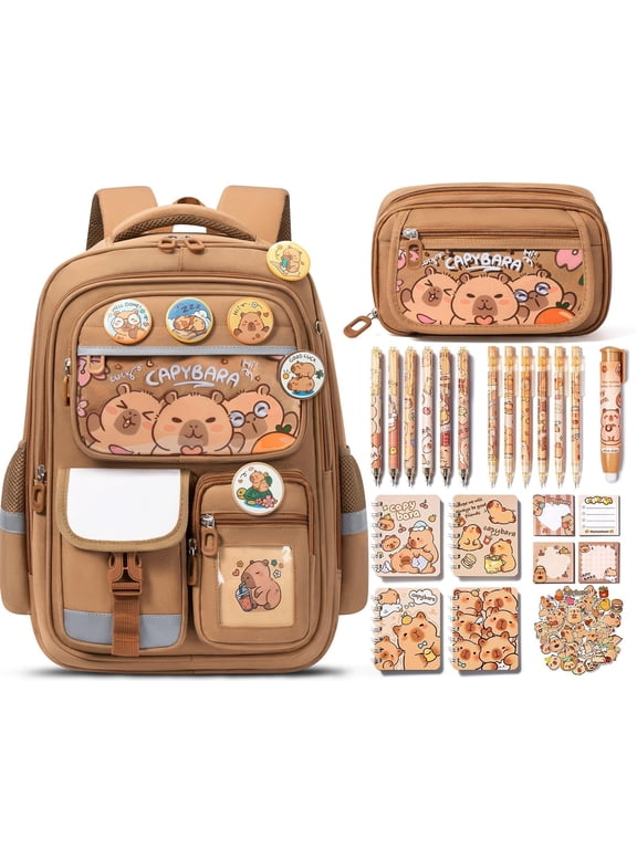 28PCS Kawaii Capybara Backpack with Pencil Case & Stationery Set