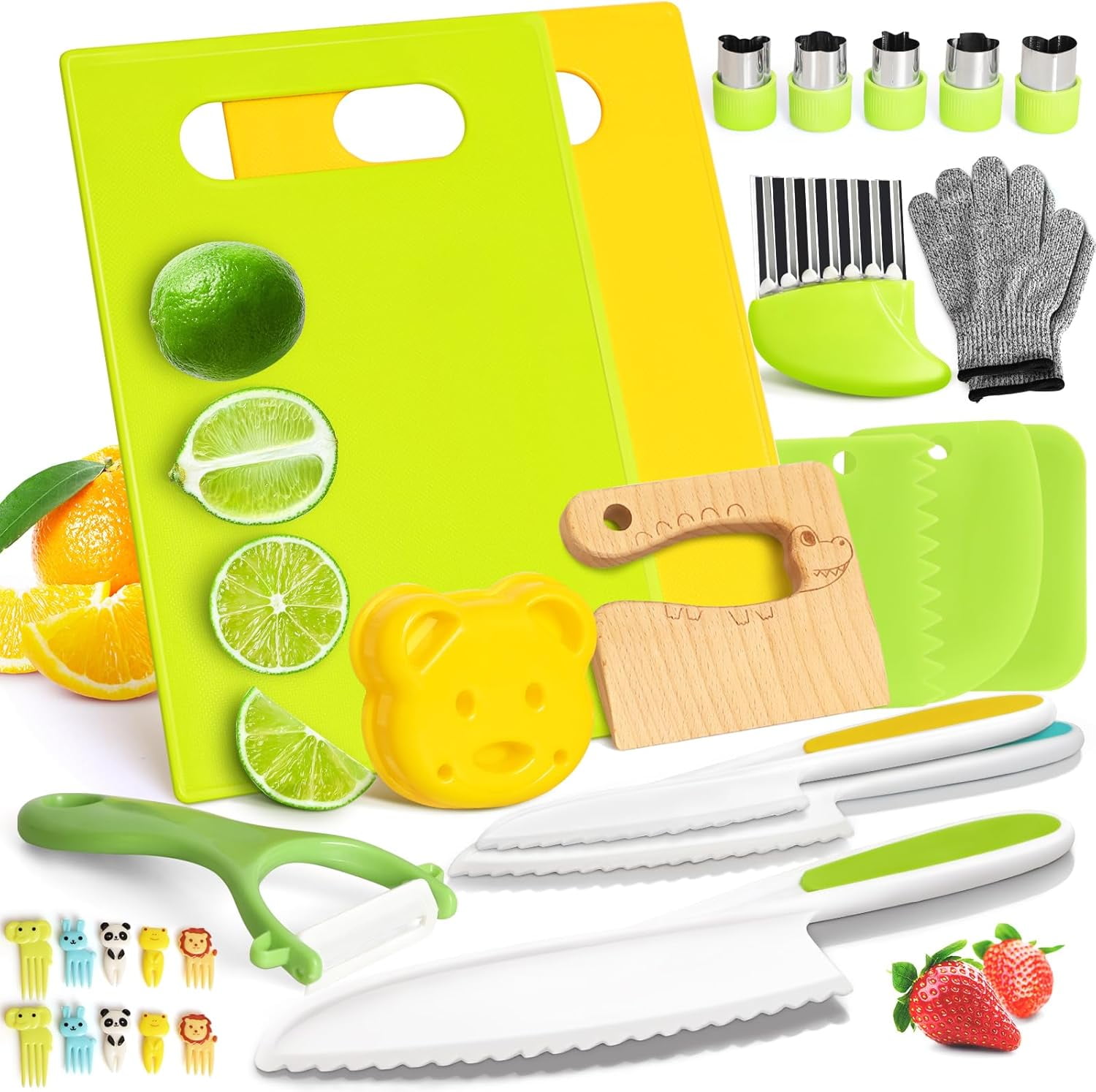 28PCS Kids Knife Set for Real Cooking, Montessori Kids Kitchen Knife Set with Cutting Board Crinkle Cutters Kid Safe Knives, Kitchen Tools Old Girl Boy