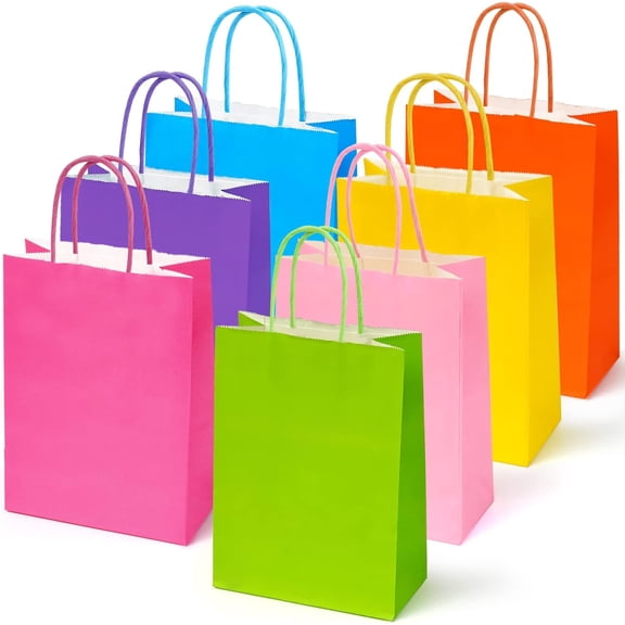 28PCS Medium Kraft Paper Gift Bags with Handles, 7 Rainbow Assorted Colors, Multipurpose Party Favor Bags for Birthday Wedding Christmas & Shopping, 8.6" x 6.3" x 3.2"