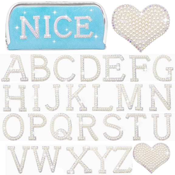 28PCS Pearl Rhinestone Letters Patches Self-Adhesive Large Size 3in Alphabet A-Z Glitter AB Colored Rhinestones Heart Pearls  for DIY Clothes Backpacks Hats