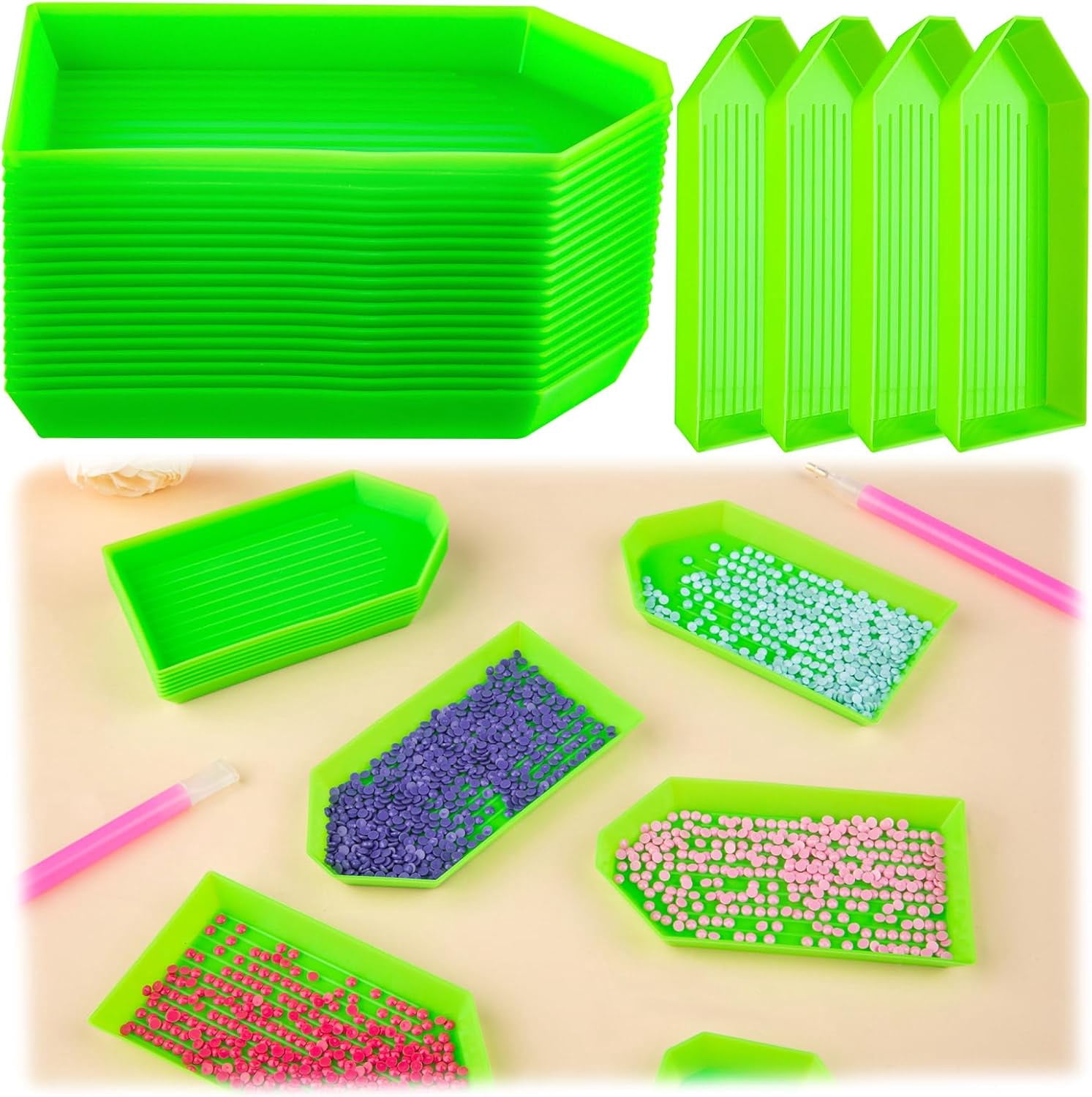 28PCS Plastic Diamond Painting Trays, Bead Sorting Trays, Diamond Painting Accessories and Tools for DIY Crafts(4.72 x 2.26 inches, Green)