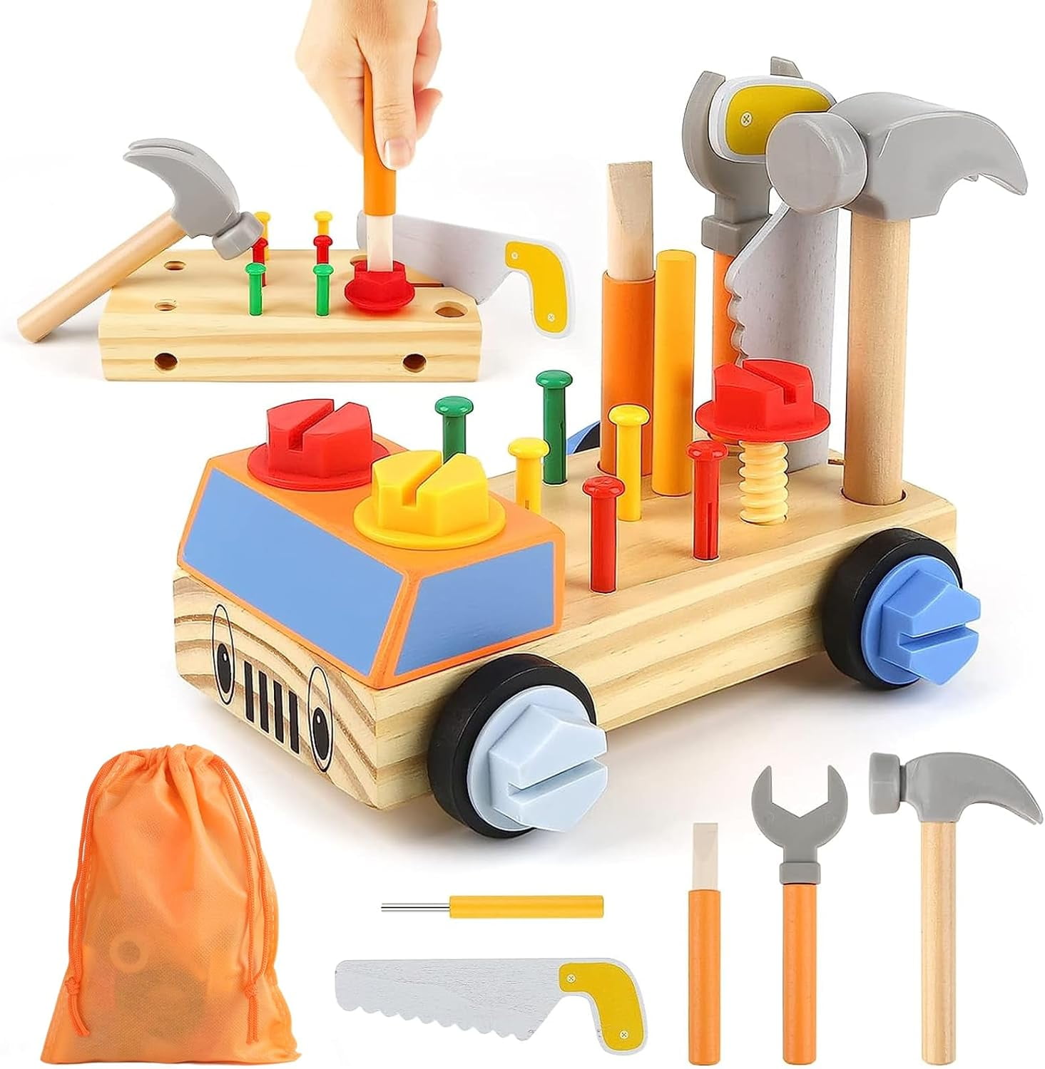 28PCS Wooden Tool Toy Set for Kids Wooden Tool Bench Montessori