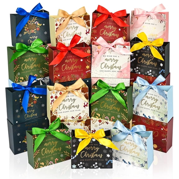 28Pack Small Christmas Gift Bags,5.1×4.5×2.2 Inches Xmas Gift Bags,Christmas Goodie Bag with Ribbon,Christmas Candy Bags,Mini Christmas Bags for Gifts,Christmas Decor (Mix Color)