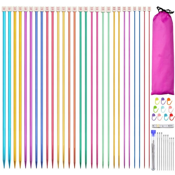 28Pcs/14 Pairs Stainless Steel Knitting Needles Set, Colored Straight Single Pointed Metal Knitting Needles, 14 Size from 2.0mm-10.0mm, 13.8 Inches Length for Handmade DIY Knitting (35cm)