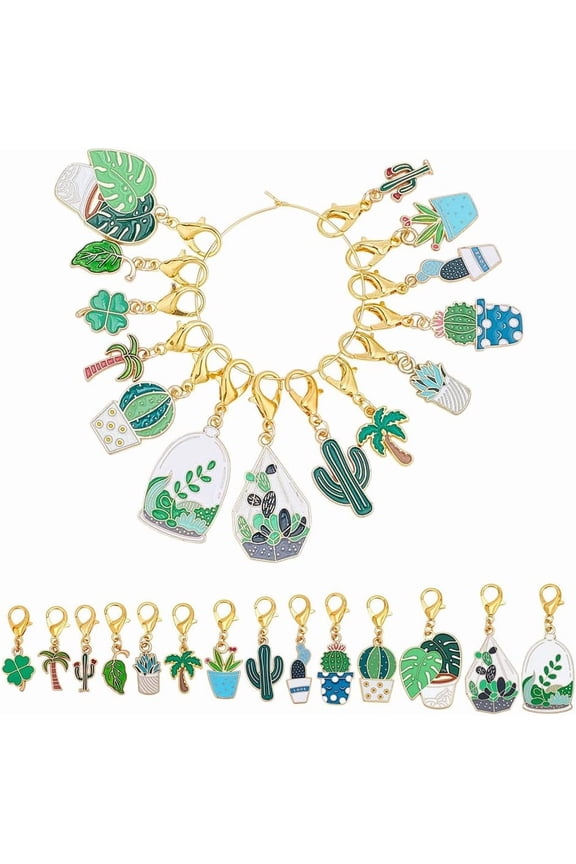 28Pcs 14 Styles Enamel Alloy Crochet Stitch Marker Cute Cactus Potted Plants Removable Crochet Stitch Marker Charms with Lobster Claw Clasps