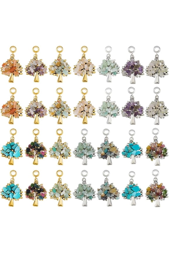 28Pcs 14 Styles Tree of Life Pendants Chakra Gemstone Charms European Dangle Charms Quartz Crystal Gemstone Charms Lucky Charms for Jewelry Making DIY