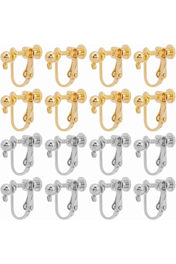 28Pcs 2 Colors Clip-on Earring Findings Screw Back 18K Gold Plated Stainless Steel Clip on Earring Converters Components with Loop for Ears Women Jewelry Making