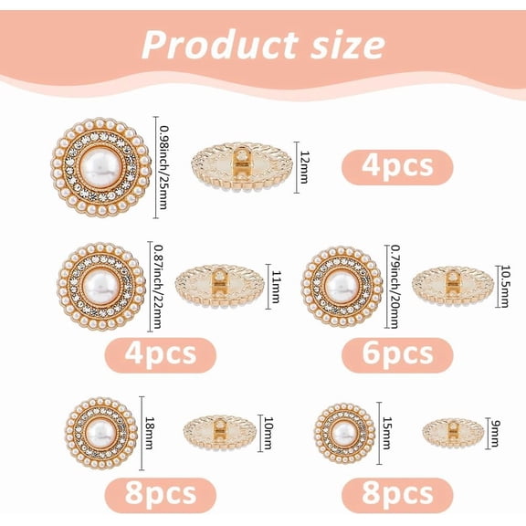 28Pcs 6 Sizes Alloy Rhinestone Shank Buttons Sparkling Pearl Lustre Buttons with Plastic Imitation Pearl for Coat Suits Knitting Sweaters Sewing Crafting