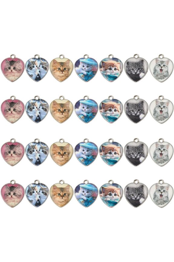 28Pcs 7 Colors Alloy Pendants Heart with Cat Platinum Mixed Color 21x18x2.5mm Hole: 2mm 28pcs/set