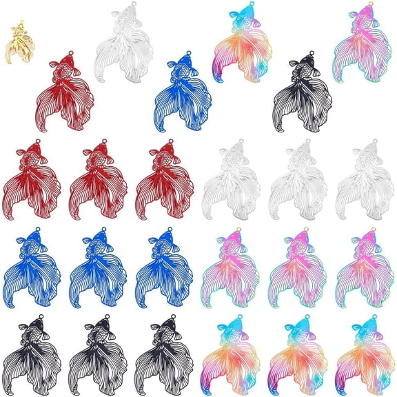 28Pcs 7 Colors Hollow Filigree Charms Metal Embellishments Fishes Charms Dangle Hanging Pendants