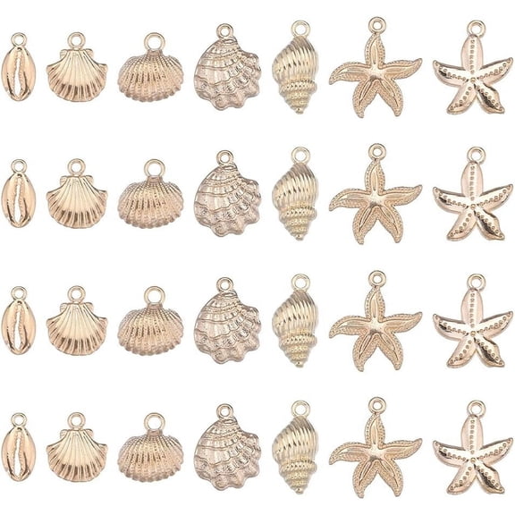28Pcs 7 Styles Ocean Series Alloy Pendants Conch/Shell/Starfish Charm Light Gold 17~25.5x8~23x2.5~3mm Hole: 1.2~1.8mm 4pcs/style