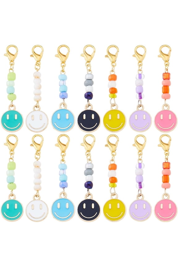 28Pcs 7 Styles Smiling Face Alloy Enamel Pendant Decoration with Glass Beads and Lobster Claw Clasps Mixed Color 50mm 4pcs/style