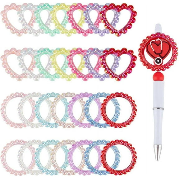 28Pcs Acrylic Focal Frame Circle Loop with 2 Holes for DIY Beaded Pen Keychain Heart Beaded Pens Beads Flower Focal Beads Loop for Pen Jewelry Making Bracelet Necklace for making