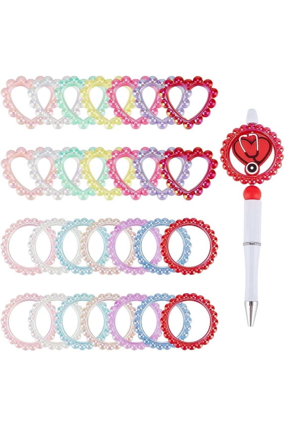 28Pcs Acrylic Focal Frame Circle Loop with 2 Holes for DIY Beaded Pen Keychain Heart Beaded Pens Beads Flower Focal Beads Loop for Pen Jewelry Making Bracelet Necklace for making