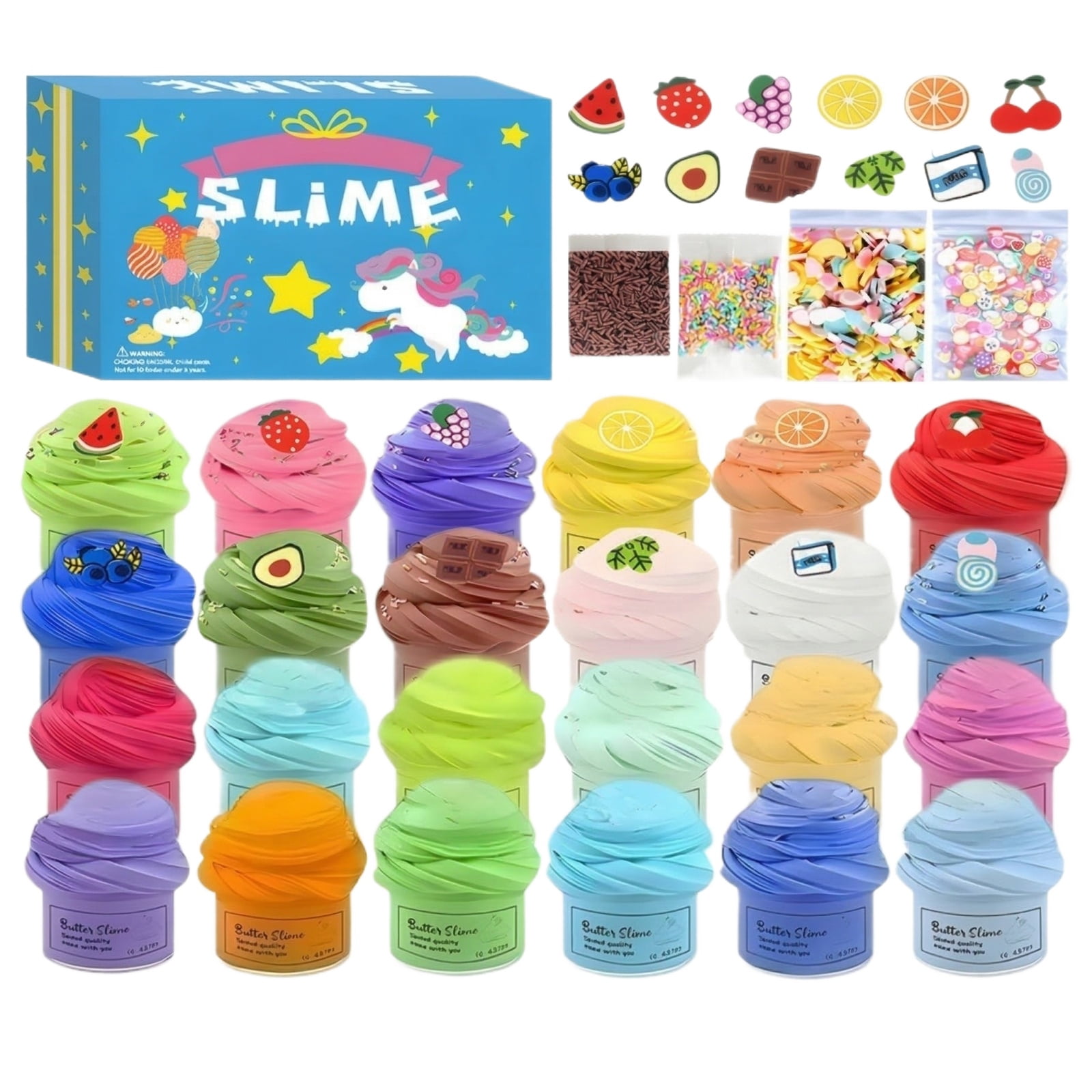 28Pcs Crystal Mud 6 Bagged Clay 2 Straws 10 Food Cups 4 Small Foam 2 Fruit Trays 4 Candy Wrappers 4 Flat Beads 1 Sugar Grain 1 Glow Powder 3 Tools 48 Glitters DIY Slime Craft Kit Gift for Women