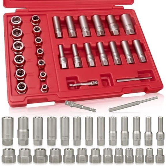 28Pcs Deep Bolt Extractor Set, with 3/8" Drive, Ez Out Broken Bolt Remover Kit, Bolts Extractor Socket Set, Easy Out Stripped Lug Nut Removal Tool for Removing Rounded, Rusted Nuts & Screw(Red)