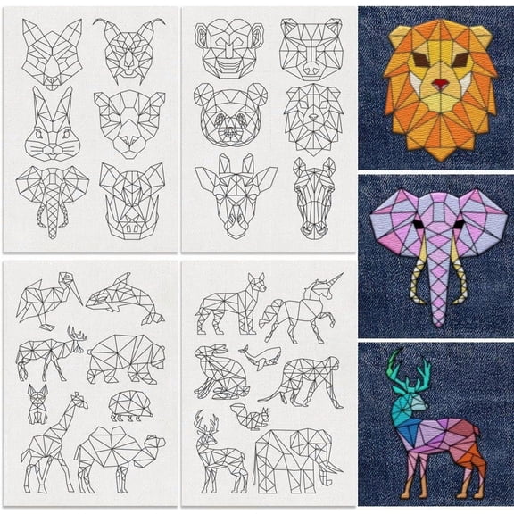28Pcs Geometric Animal Water Soluble Hand Sewing Stabilizers 8.3"x11.7" Geometric Rabbit Elephant Embroidery Pattern Stabilizer 4 Sheets Lion Deer Stick and Stitch Embroidery Paper Sticker