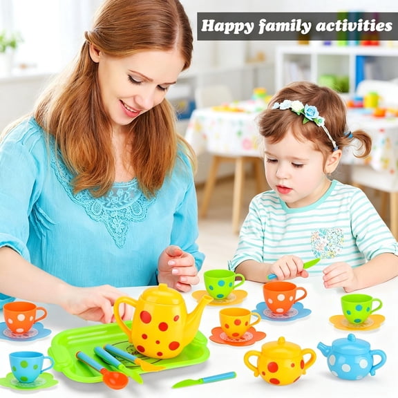 28Pcs Kids Colorful Polka Dot Pretend Tea Party Playset, Afternoon Tea Role Play Educational Toy, Birthday Christmas Holiday Gift for Toddler Boys Girls Ages 3+